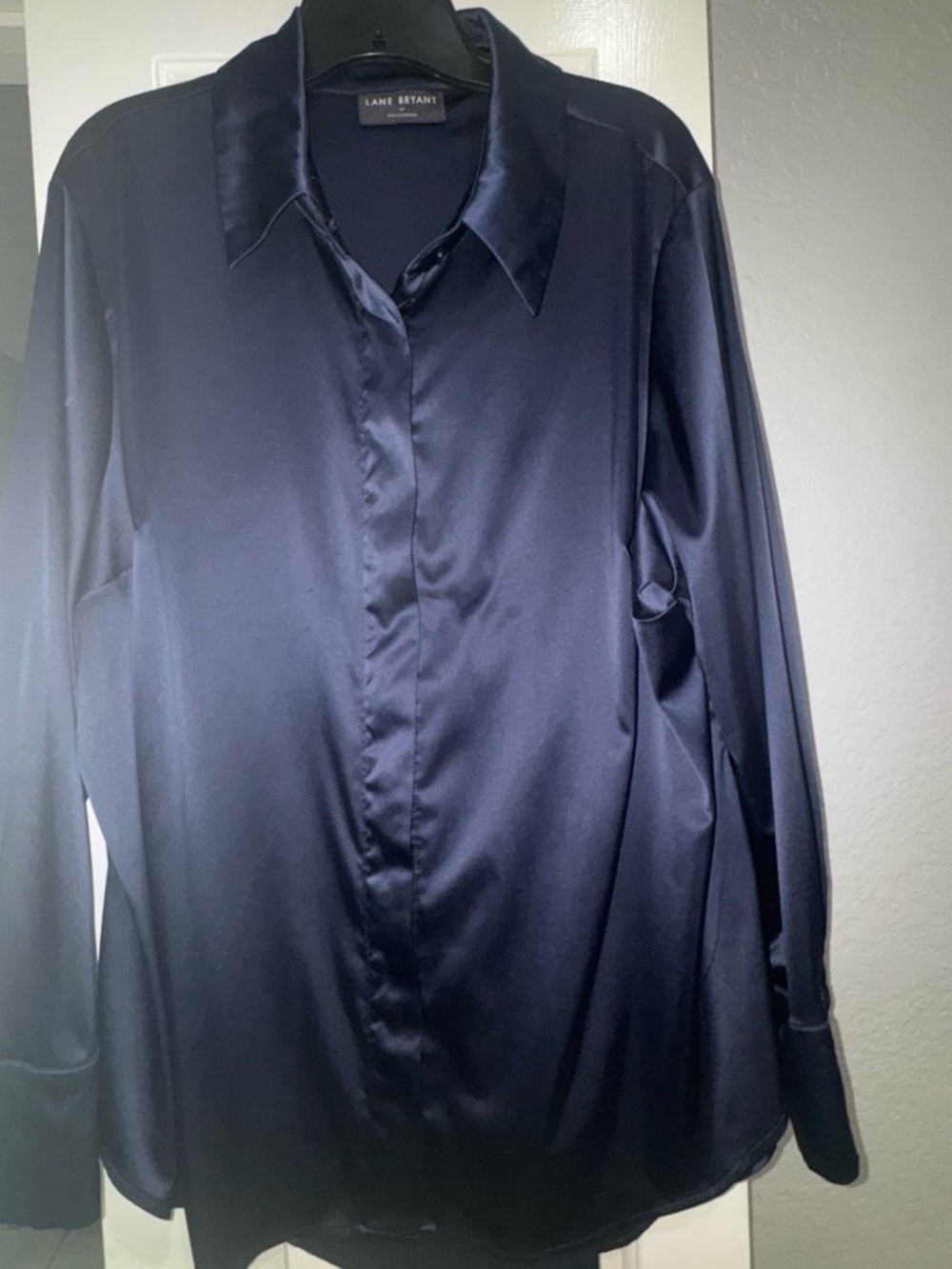 Lane Bryant Navy Satin Button-Down Blouse